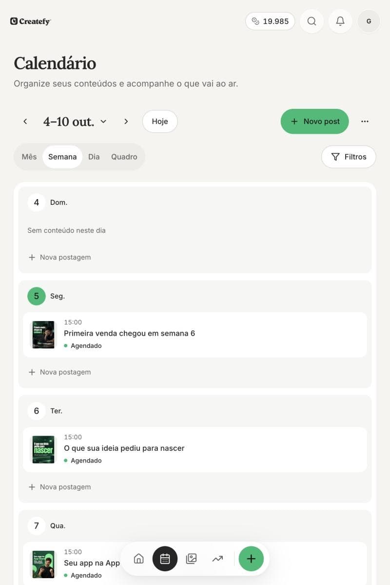 Calendário semanal com posts agendados