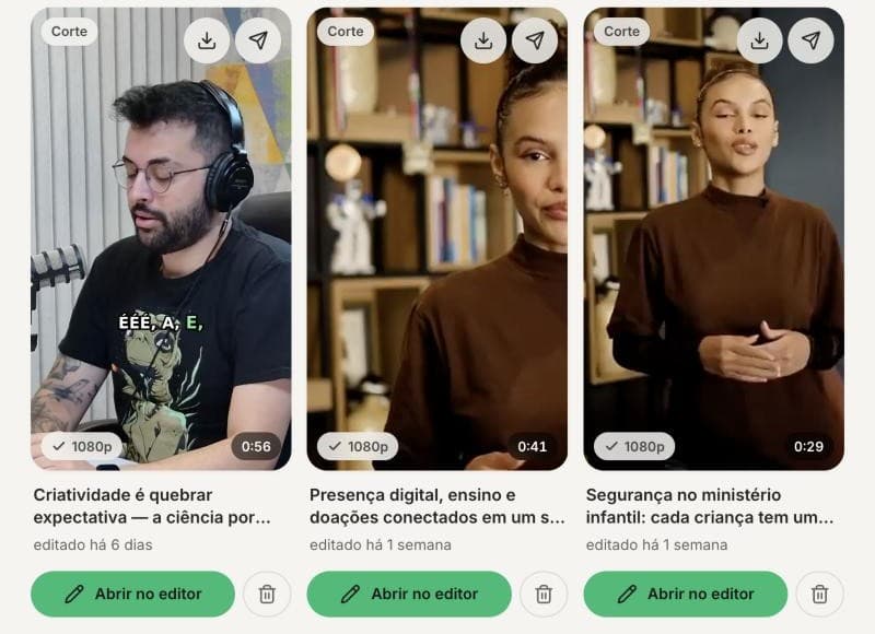 Cortes verticais gerados a partir de um vídeo longo, prontos para abrir no editor