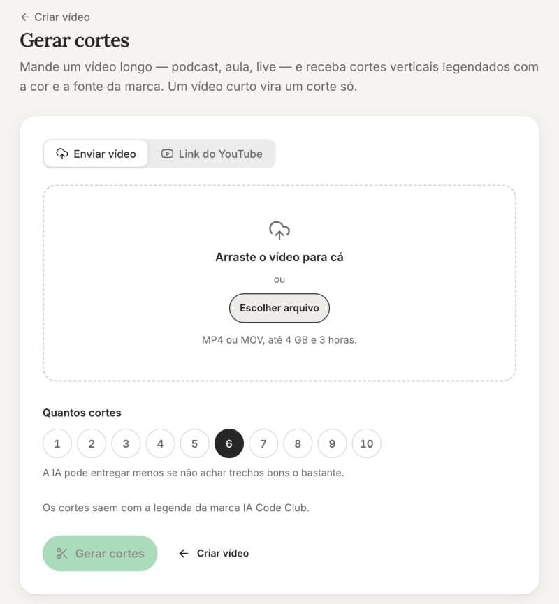 Tela Gerar cortes: enviar vídeo ou link do YouTube e escolher quantos cortes