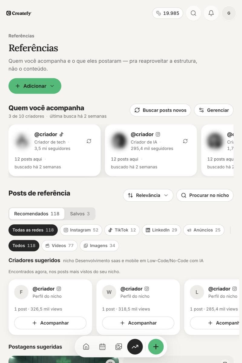Tela Referências: criadores acompanhados e posts de referência por rede social