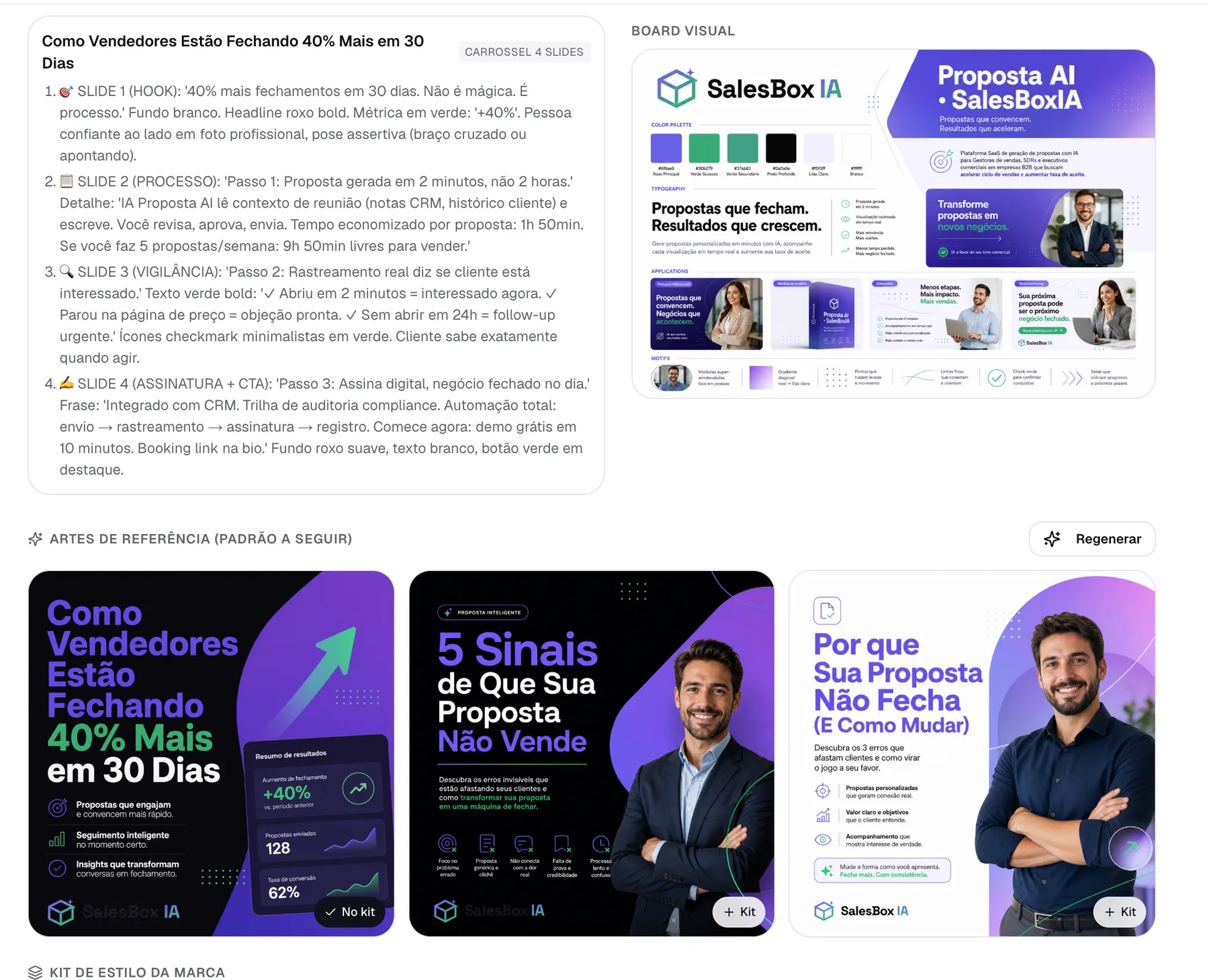 Tela do Createfy: a IA lê a marca e monta o board visual com paleta, tipografia e artes de referência